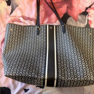 Tory Burch Navy and White Patterned Tote
